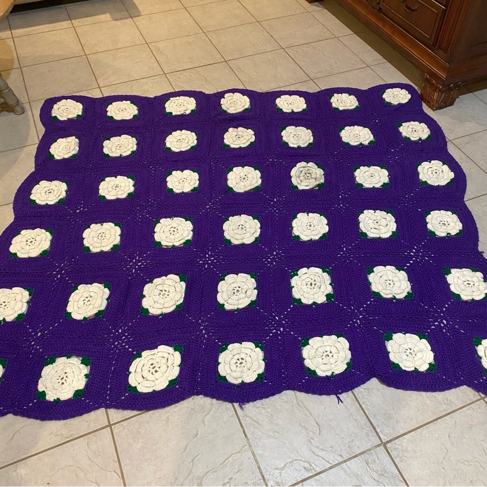 Granny Square Blanket 61x72 Crochet Blanket purple and White Roses Full …